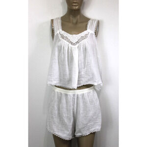 VTG 2 pc High Waisted Nightie Short Shorts & Top Pajama Lounge Set White Gauze L